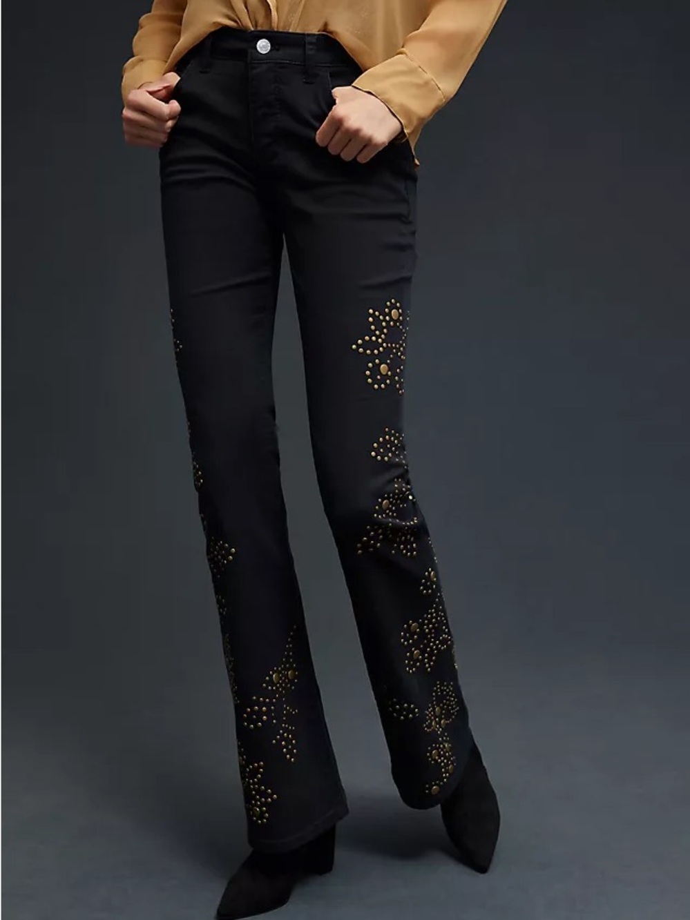 Anthropologie Black Flare Jeans with Gold Stud Floral Accents